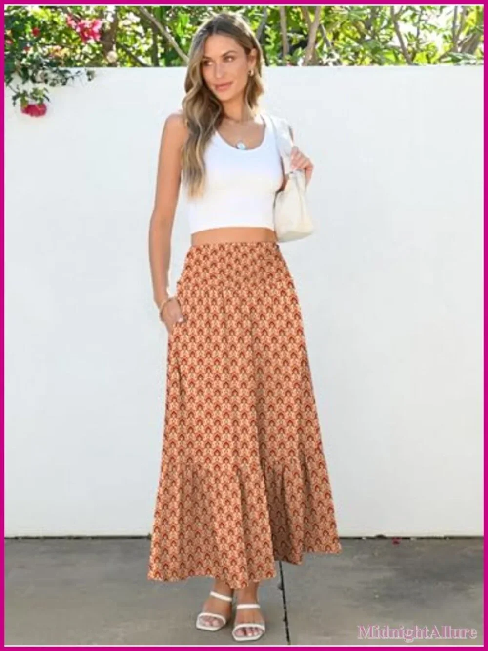 Boho Floral Maxi Skirt, High Waisted Tiered Flowy Beach Skirt with Pockets